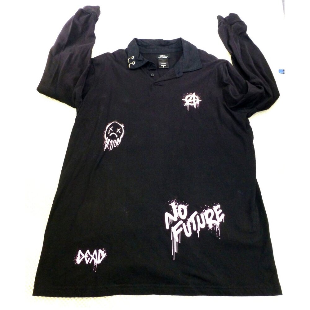Hot Topic Social Collision No Future Long Sleeve Polo Shirt Large Black Graphic